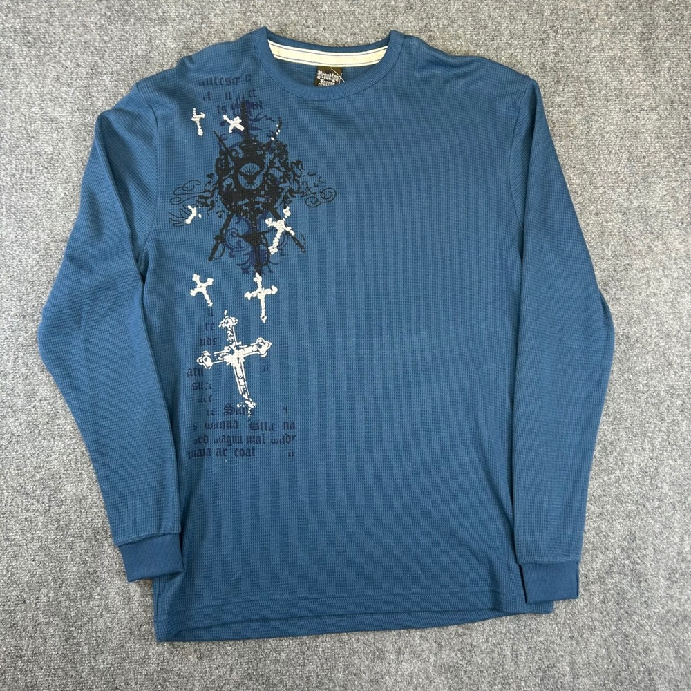 Brooklyn Xpress Mens XL Petrol Blue Waffle Thermal Graphic Cross Wings Shirt
